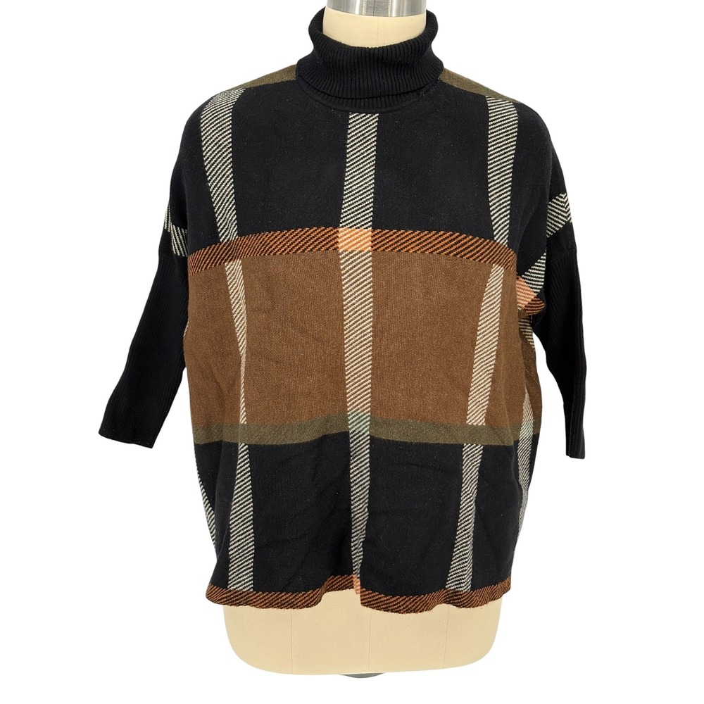 Josepha Turtleneck Sweater Black Brown Plaid Oversized Knit XL